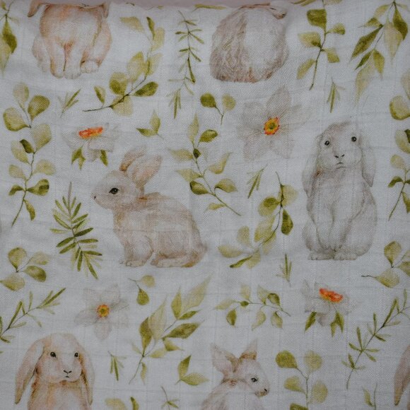 Spring Bunny Rabbit Flowers Leaves Nursery Swaddle Muslin Baby Blanket - Picture 12 of 12